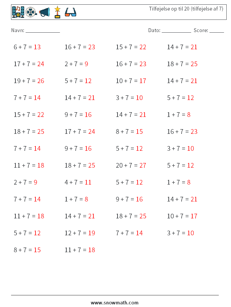 (50) Tilføjelse op til 20 (tilføjelse af 7) Matematiske regneark 5 Spørgsmål, svar