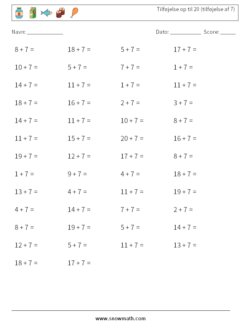 (50) Tilføjelse op til 20 (tilføjelse af 7) Matematiske regneark 7