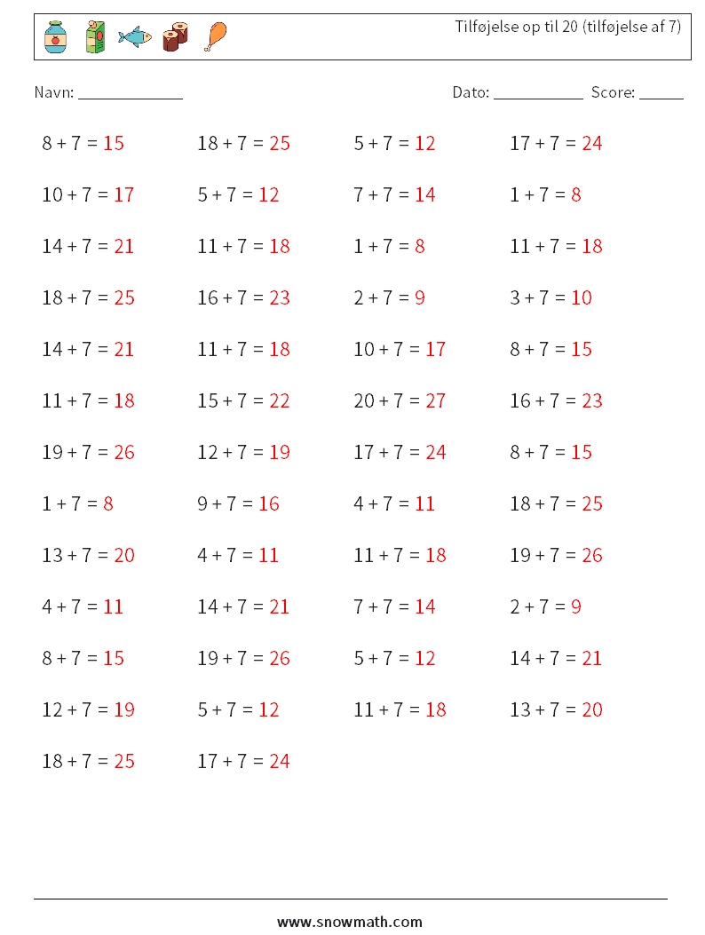 (50) Tilføjelse op til 20 (tilføjelse af 7) Matematiske regneark 7 Spørgsmål, svar