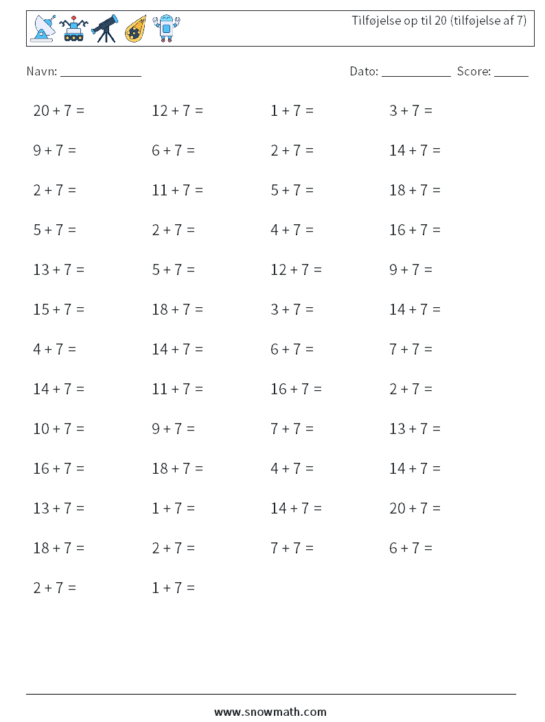 (50) Tilføjelse op til 20 (tilføjelse af 7) Matematiske regneark 8