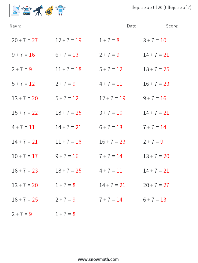 (50) Tilføjelse op til 20 (tilføjelse af 7) Matematiske regneark 8 Spørgsmål, svar