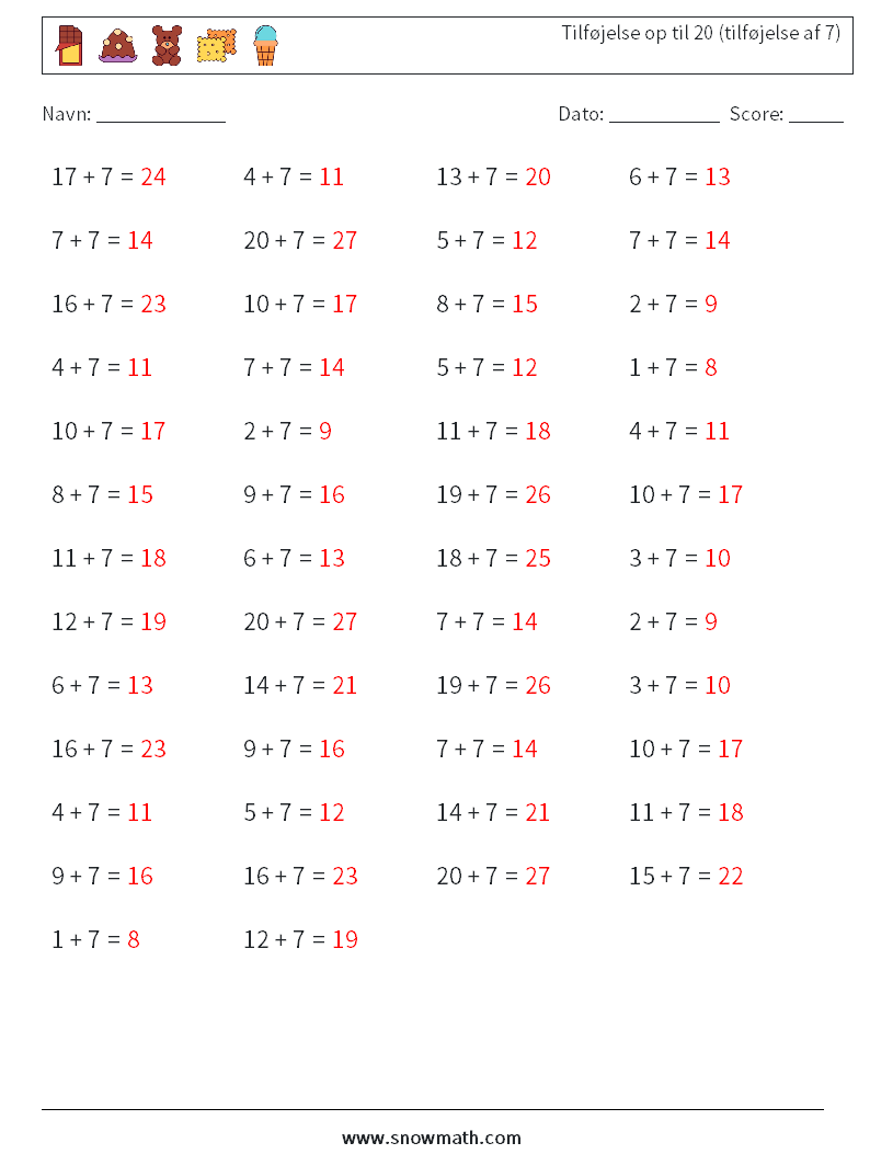 (50) Tilføjelse op til 20 (tilføjelse af 7) Matematiske regneark 9 Spørgsmål, svar
