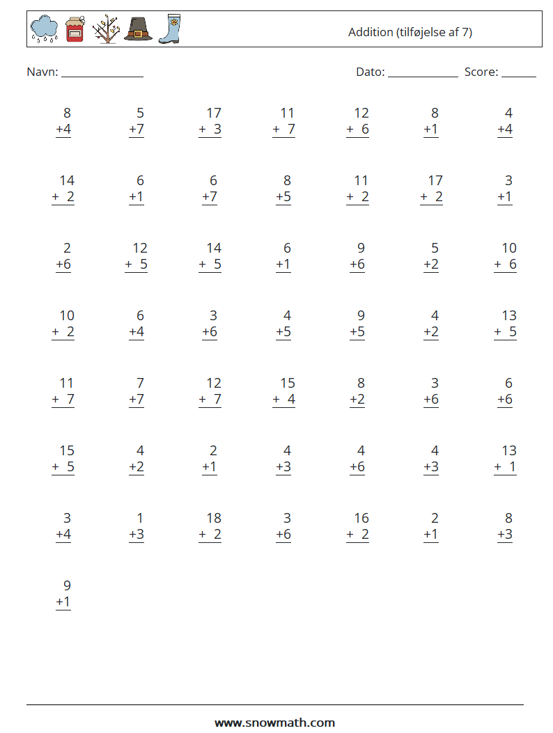 (50) Addition (tilføjelse af 7) Matematiske regneark 1