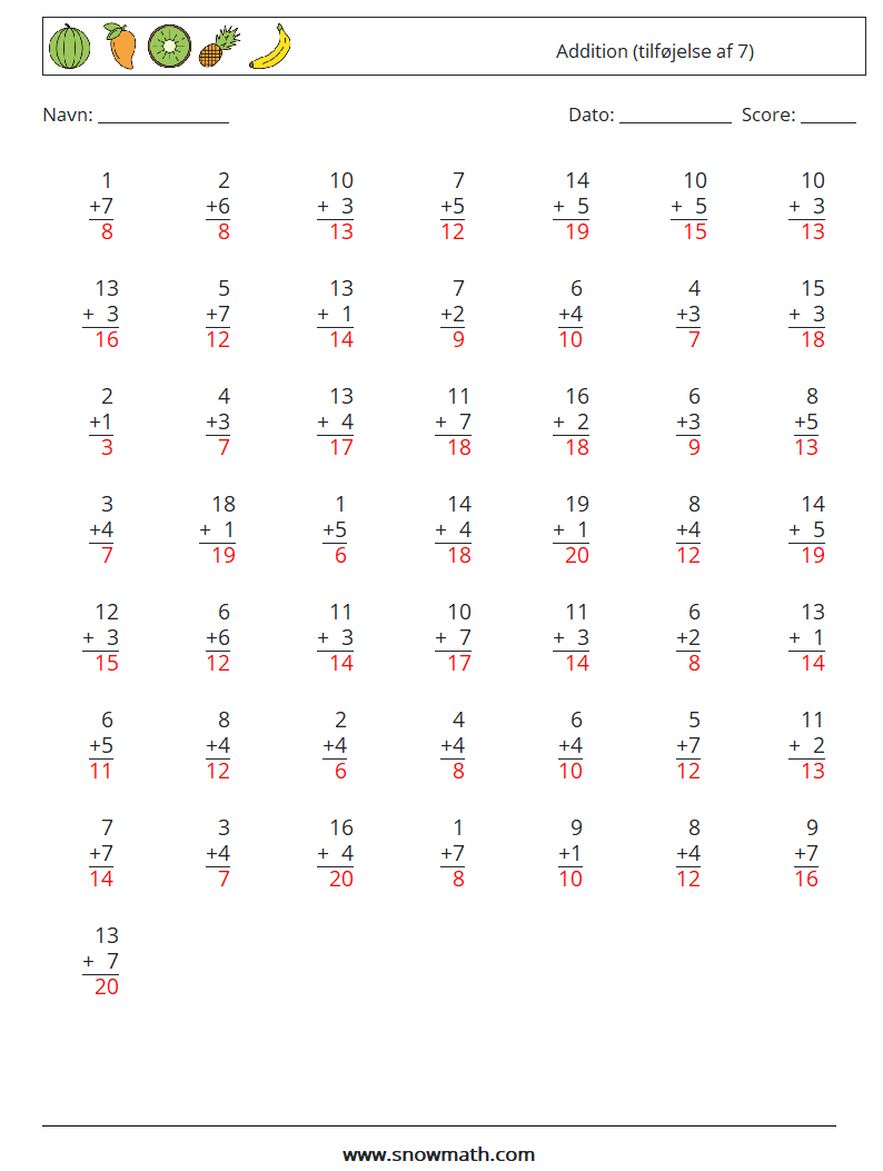 (50) Addition (tilføjelse af 7) Matematiske regneark 10 Spørgsmål, svar