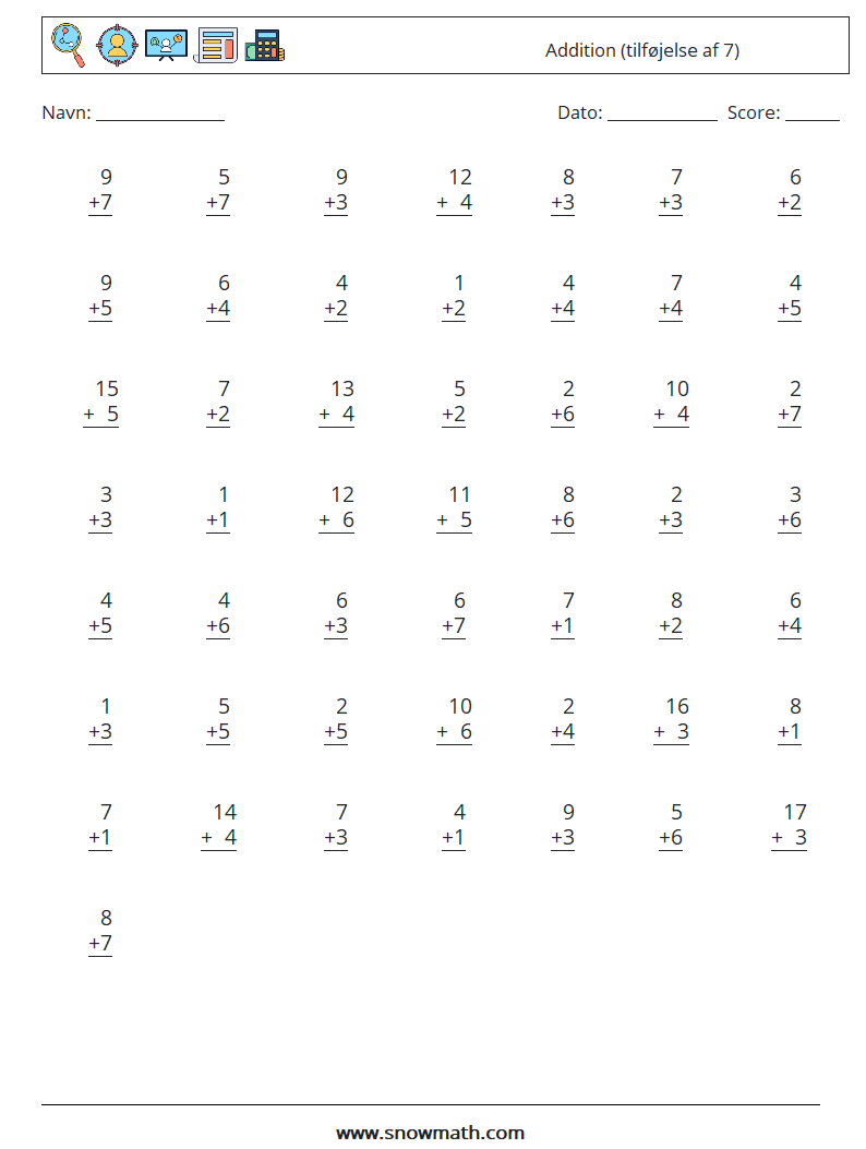 (50) Addition (tilføjelse af 7) Matematiske regneark 12