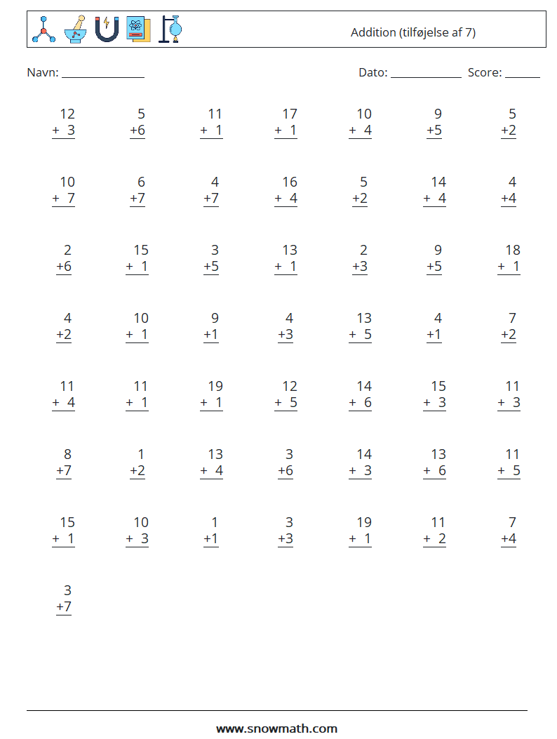 (50) Addition (tilføjelse af 7) Matematiske regneark 13