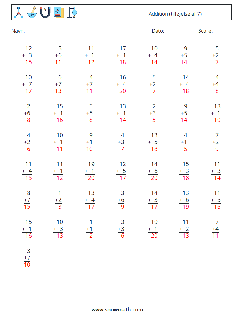 (50) Addition (tilføjelse af 7) Matematiske regneark 13 Spørgsmål, svar