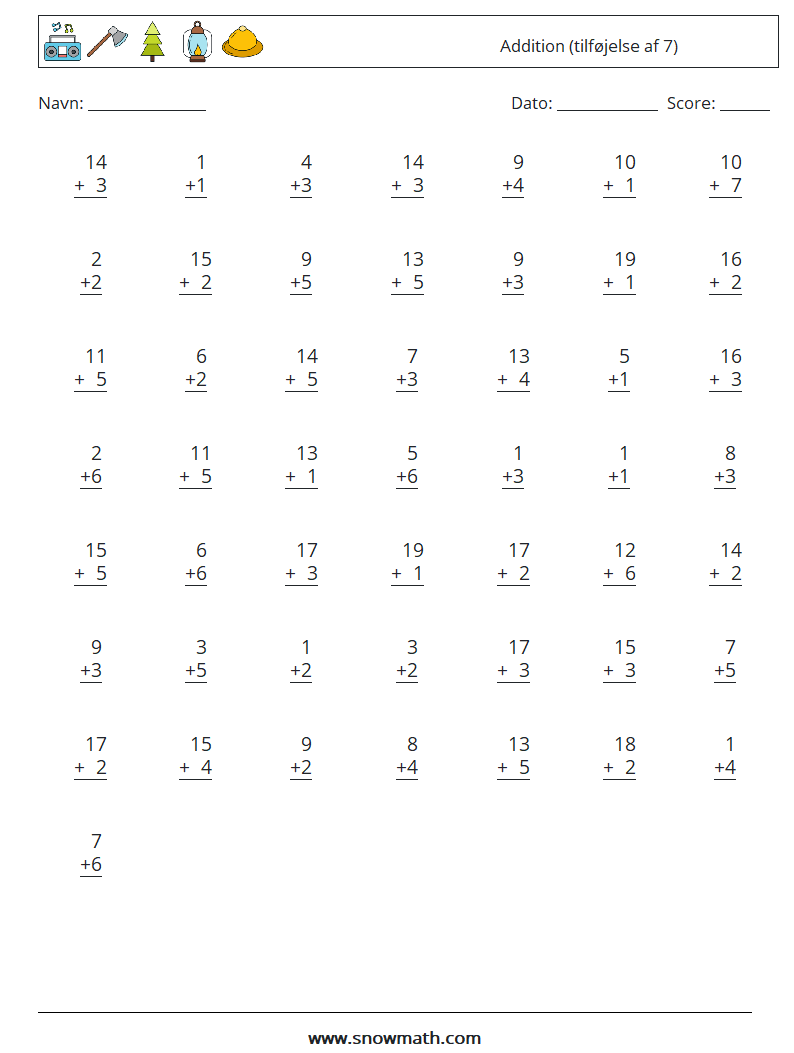 (50) Addition (tilføjelse af 7) Matematiske regneark 14