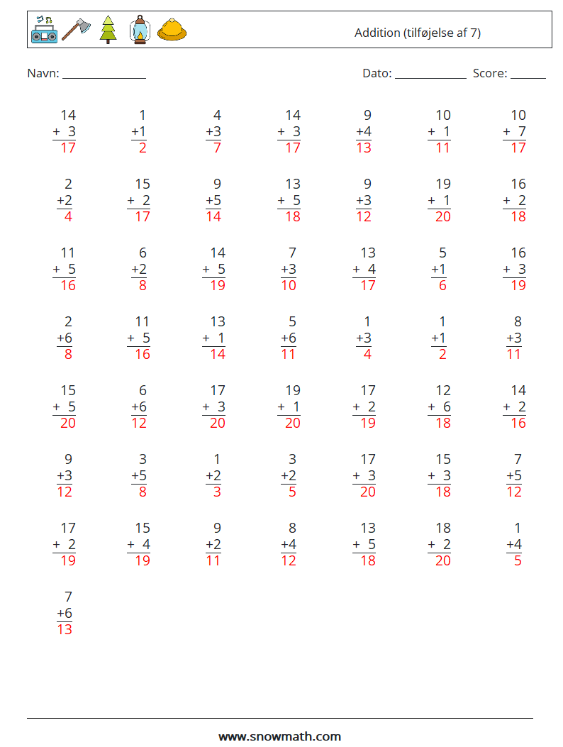 (50) Addition (tilføjelse af 7) Matematiske regneark 14 Spørgsmål, svar