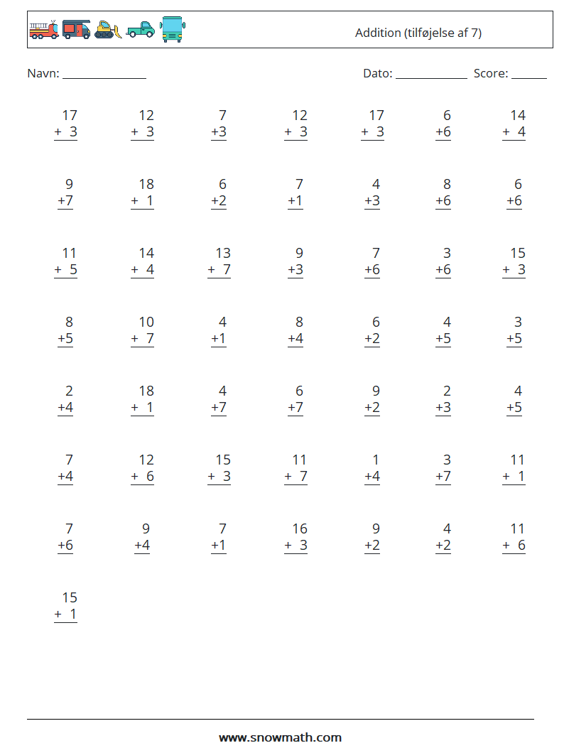 (50) Addition (tilføjelse af 7) Matematiske regneark 16