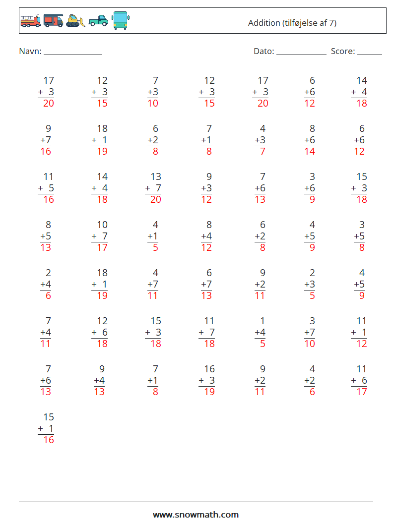 (50) Addition (tilføjelse af 7) Matematiske regneark 16 Spørgsmål, svar