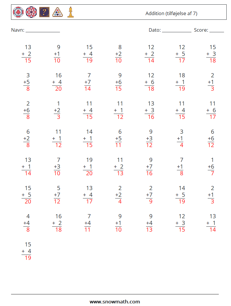 (50) Addition (tilføjelse af 7) Matematiske regneark 17 Spørgsmål, svar
