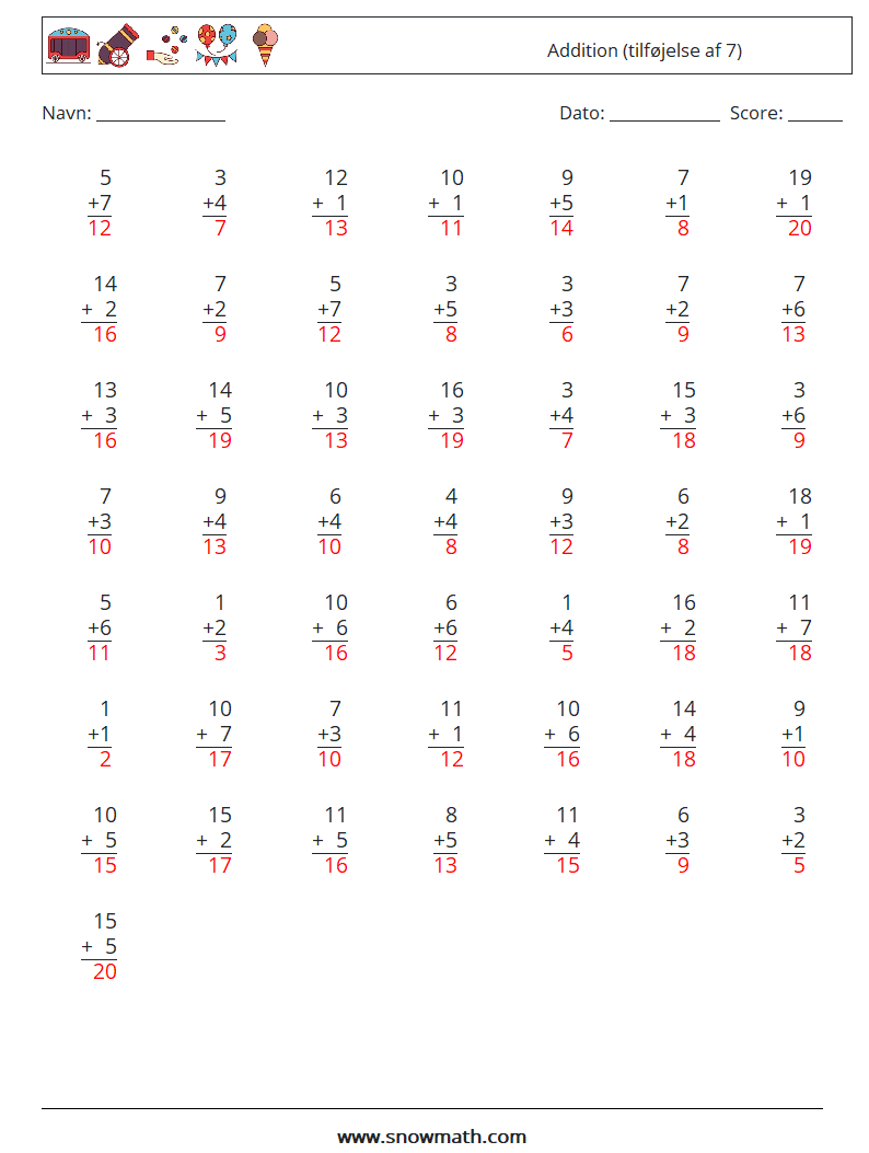 (50) Addition (tilføjelse af 7) Matematiske regneark 18 Spørgsmål, svar