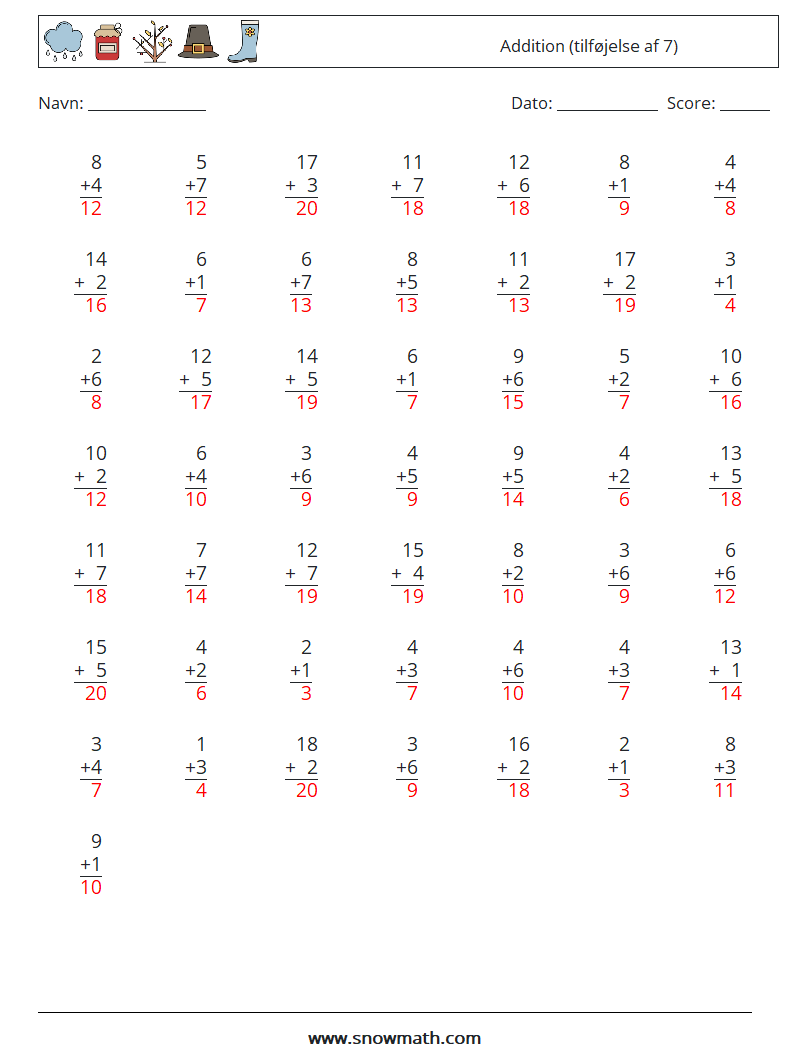 (50) Addition (tilføjelse af 7) Matematiske regneark 1 Spørgsmål, svar