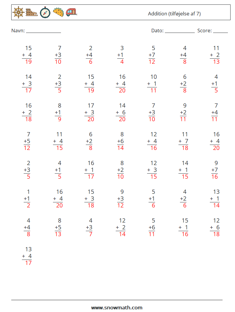 (50) Addition (tilføjelse af 7) Matematiske regneark 2 Spørgsmål, svar