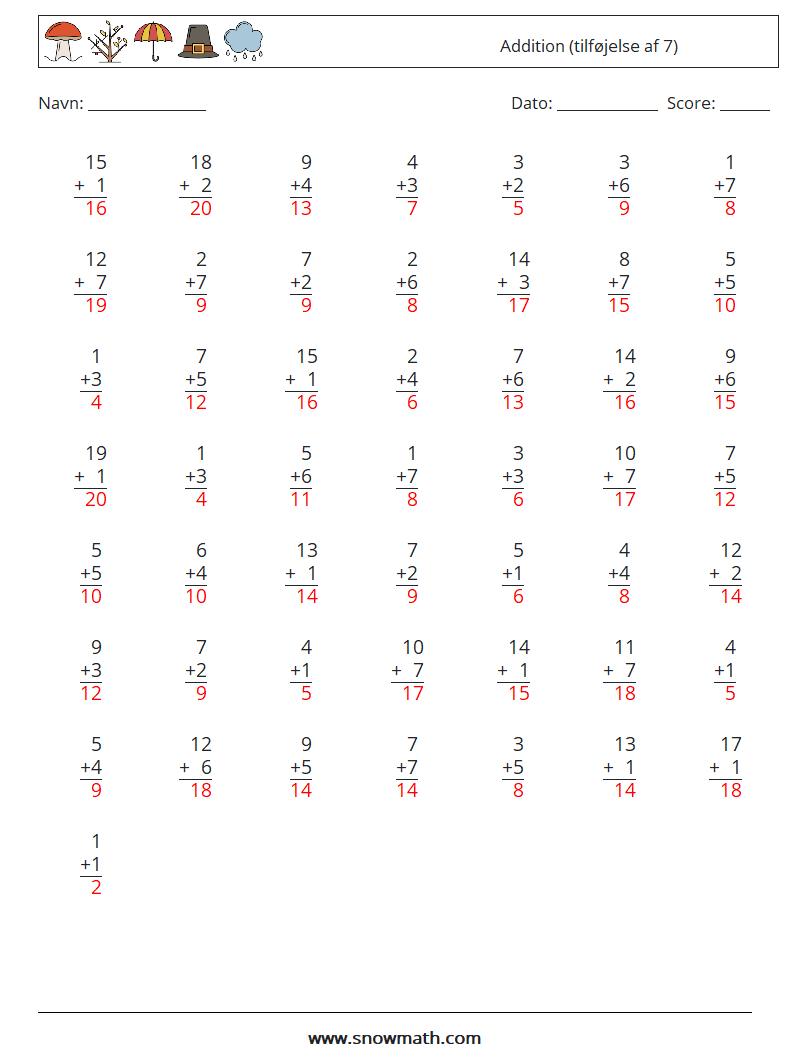 (50) Addition (tilføjelse af 7) Matematiske regneark 3 Spørgsmål, svar