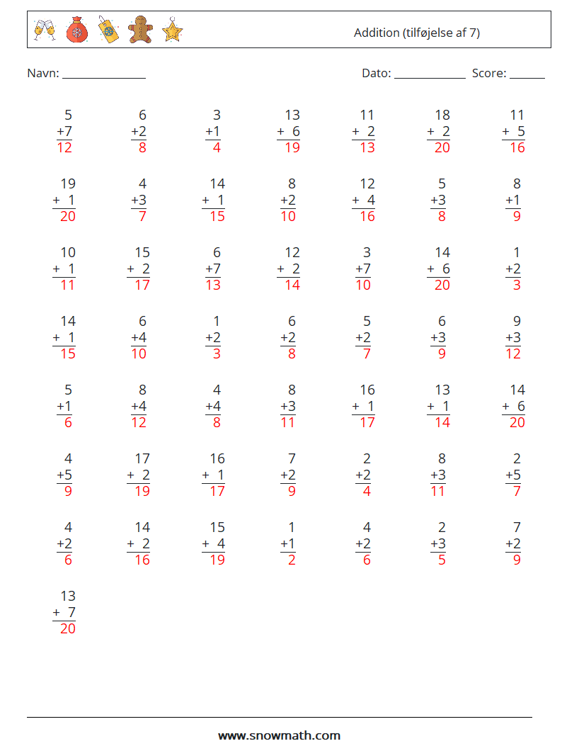 (50) Addition (tilføjelse af 7) Matematiske regneark 4 Spørgsmål, svar