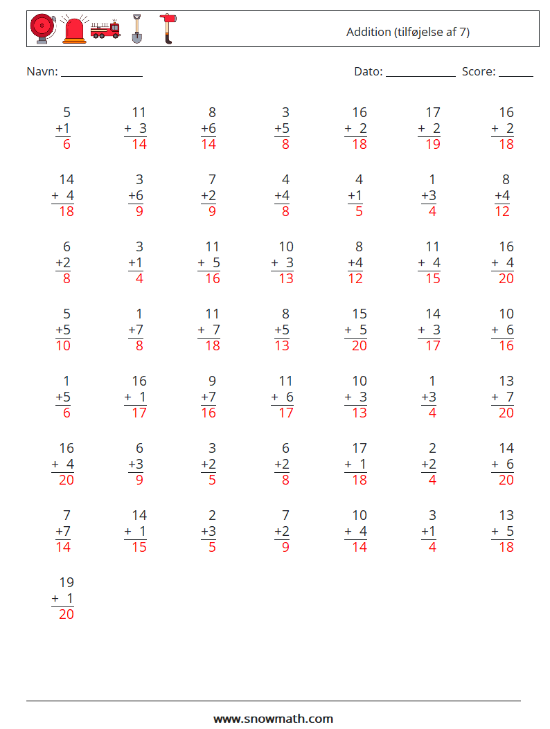 (50) Addition (tilføjelse af 7) Matematiske regneark 5 Spørgsmål, svar