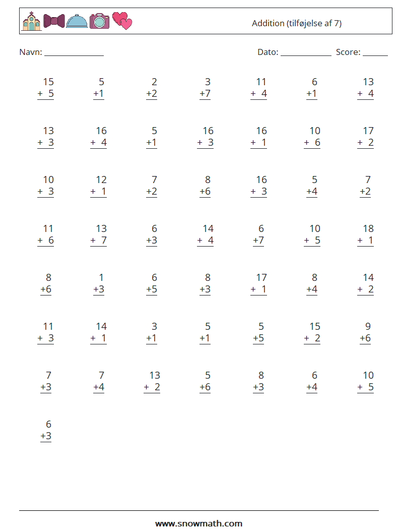 (50) Addition (tilføjelse af 7) Matematiske regneark 6