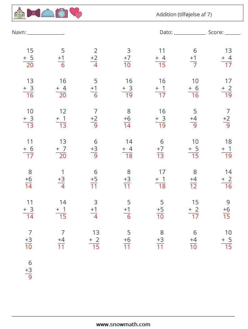 (50) Addition (tilføjelse af 7) Matematiske regneark 6 Spørgsmål, svar