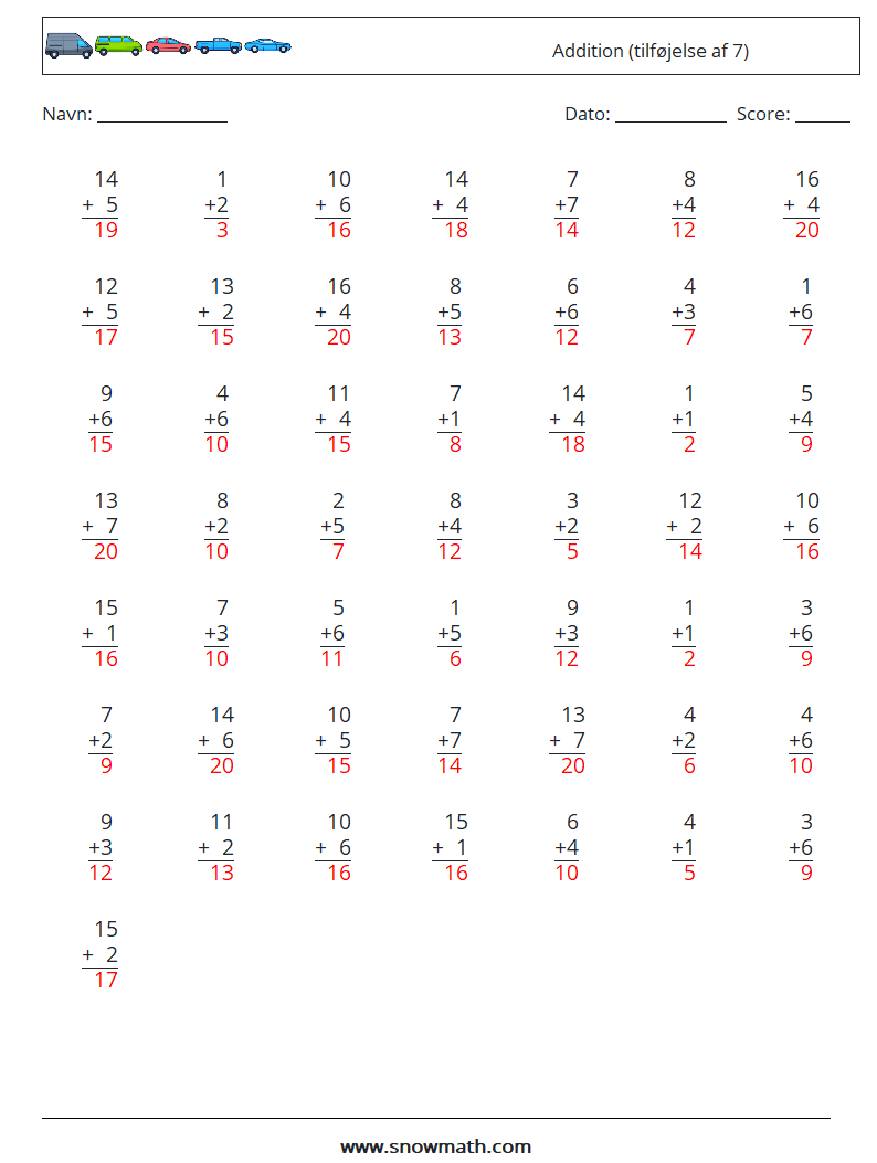 (50) Addition (tilføjelse af 7) Matematiske regneark 7 Spørgsmål, svar