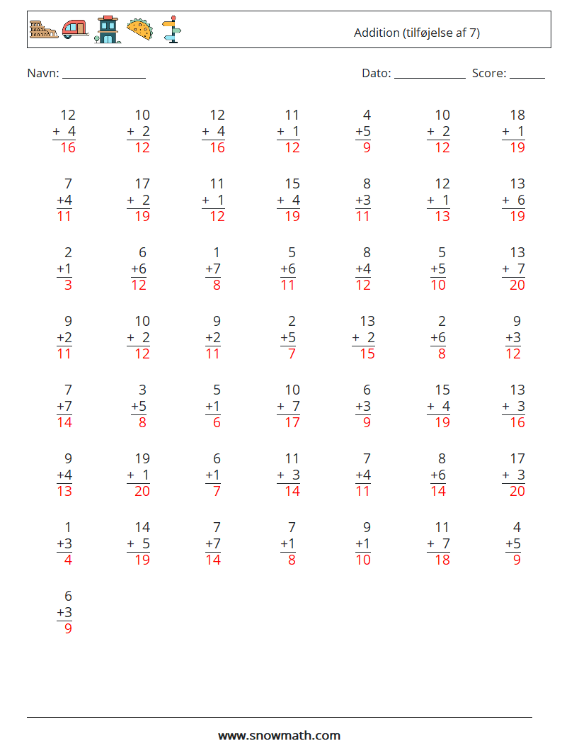 (50) Addition (tilføjelse af 7) Matematiske regneark 9 Spørgsmål, svar