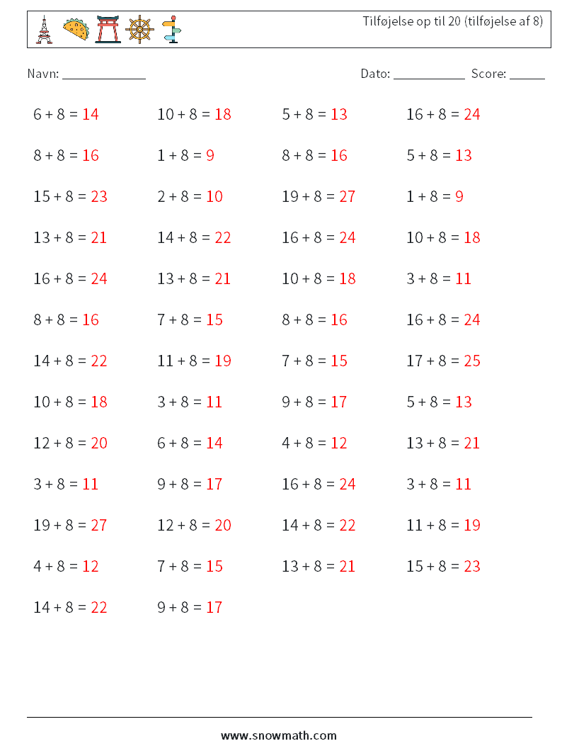 (50) Tilføjelse op til 20 (tilføjelse af 8) Matematiske regneark 2 Spørgsmål, svar