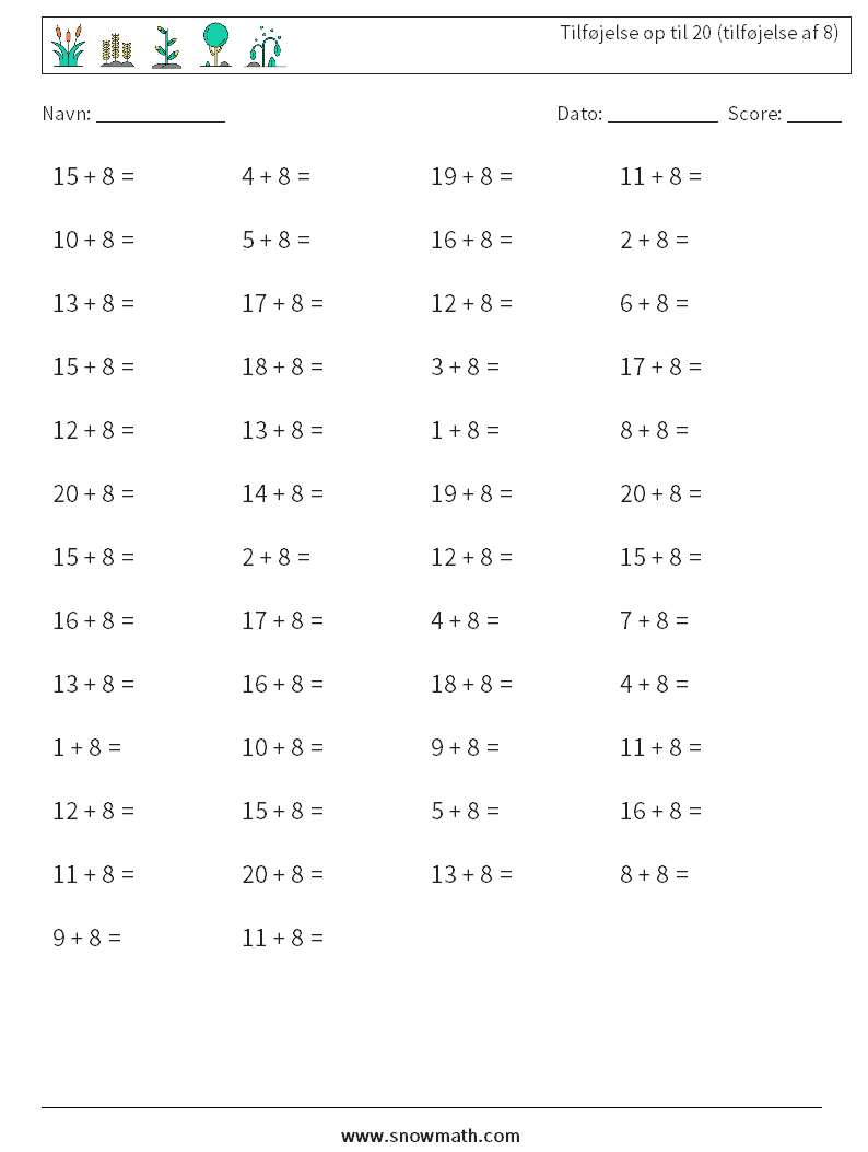(50) Tilføjelse op til 20 (tilføjelse af 8) Matematiske regneark 3