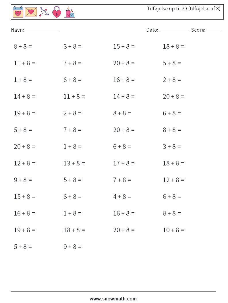 (50) Tilføjelse op til 20 (tilføjelse af 8) Matematiske regneark 4