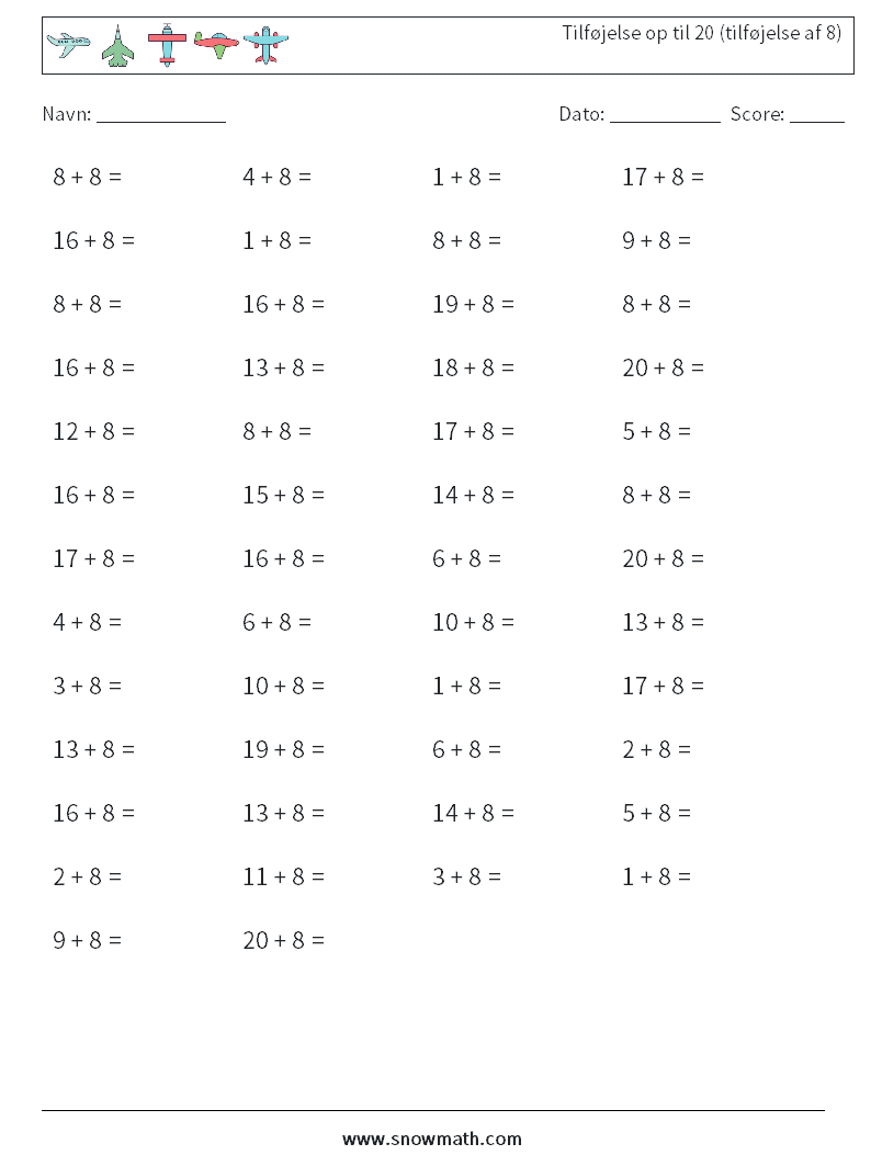 (50) Tilføjelse op til 20 (tilføjelse af 8) Matematiske regneark 6