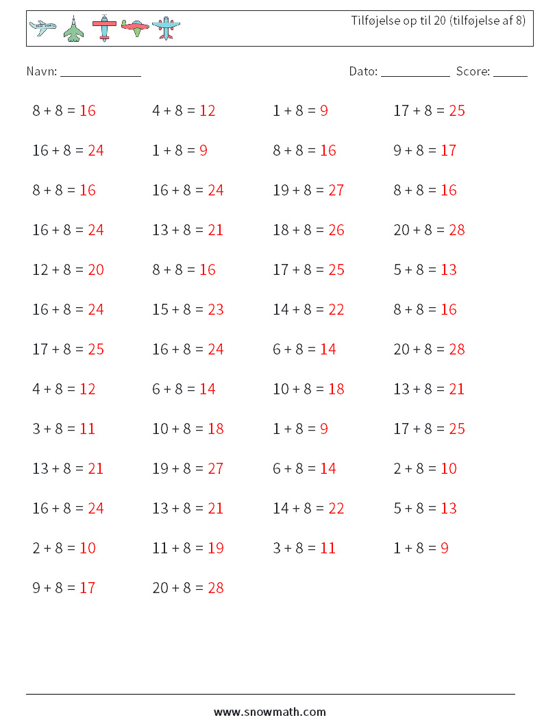 (50) Tilføjelse op til 20 (tilføjelse af 8) Matematiske regneark 6 Spørgsmål, svar