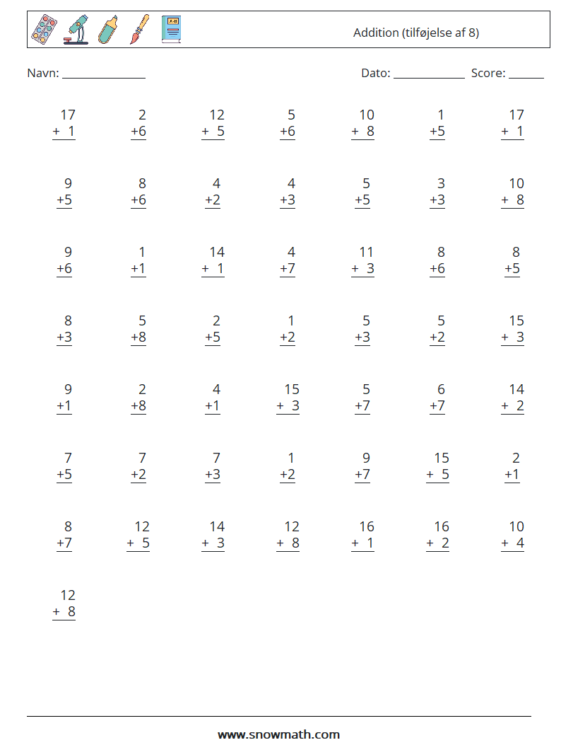 (50) Addition (tilføjelse af 8) Matematiske regneark 1