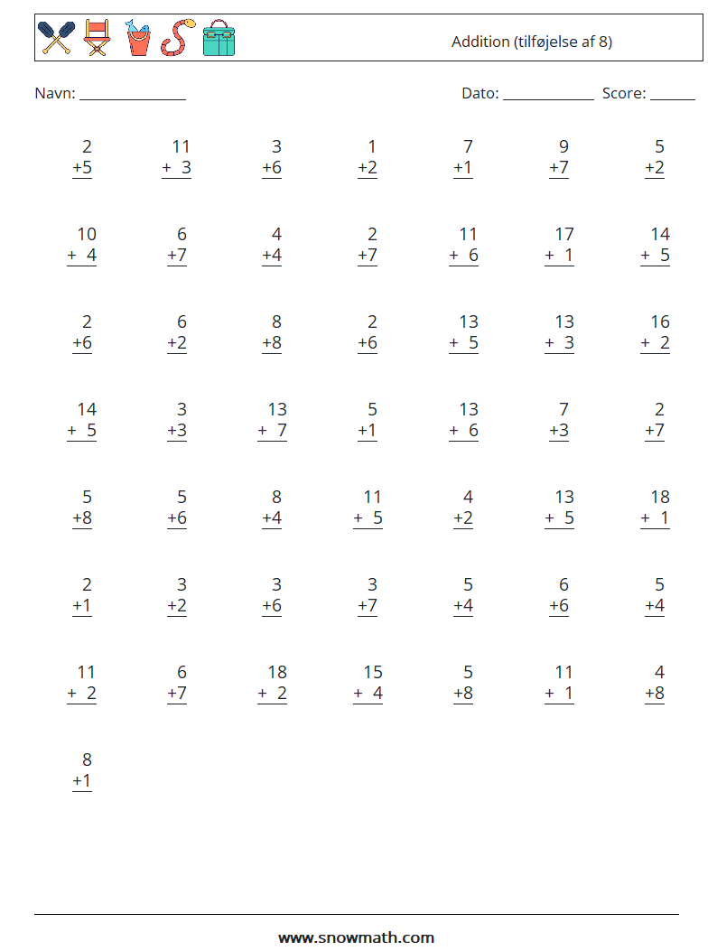 (50) Addition (tilføjelse af 8) Matematiske regneark 10