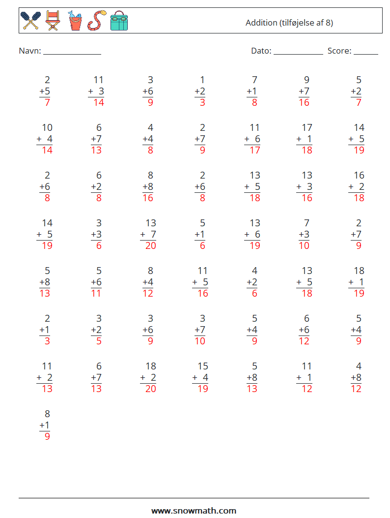 (50) Addition (tilføjelse af 8) Matematiske regneark 10 Spørgsmål, svar