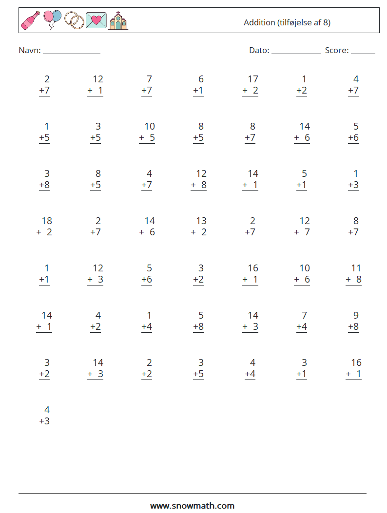 (50) Addition (tilføjelse af 8) Matematiske regneark 11