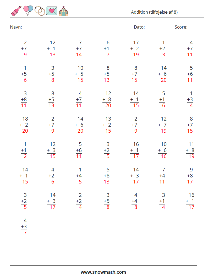 (50) Addition (tilføjelse af 8) Matematiske regneark 11 Spørgsmål, svar