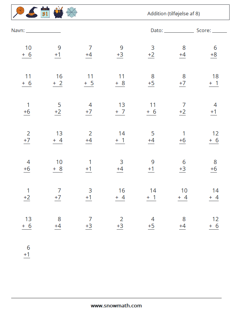 (50) Addition (tilføjelse af 8) Matematiske regneark 12