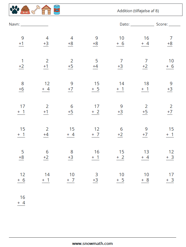 (50) Addition (tilføjelse af 8) Matematiske regneark 14