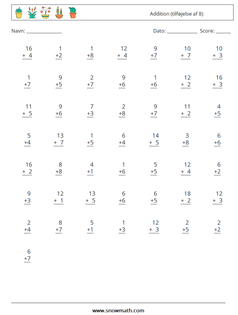 (50) Addition (tilføjelse af 8) Matematiske regneark 15