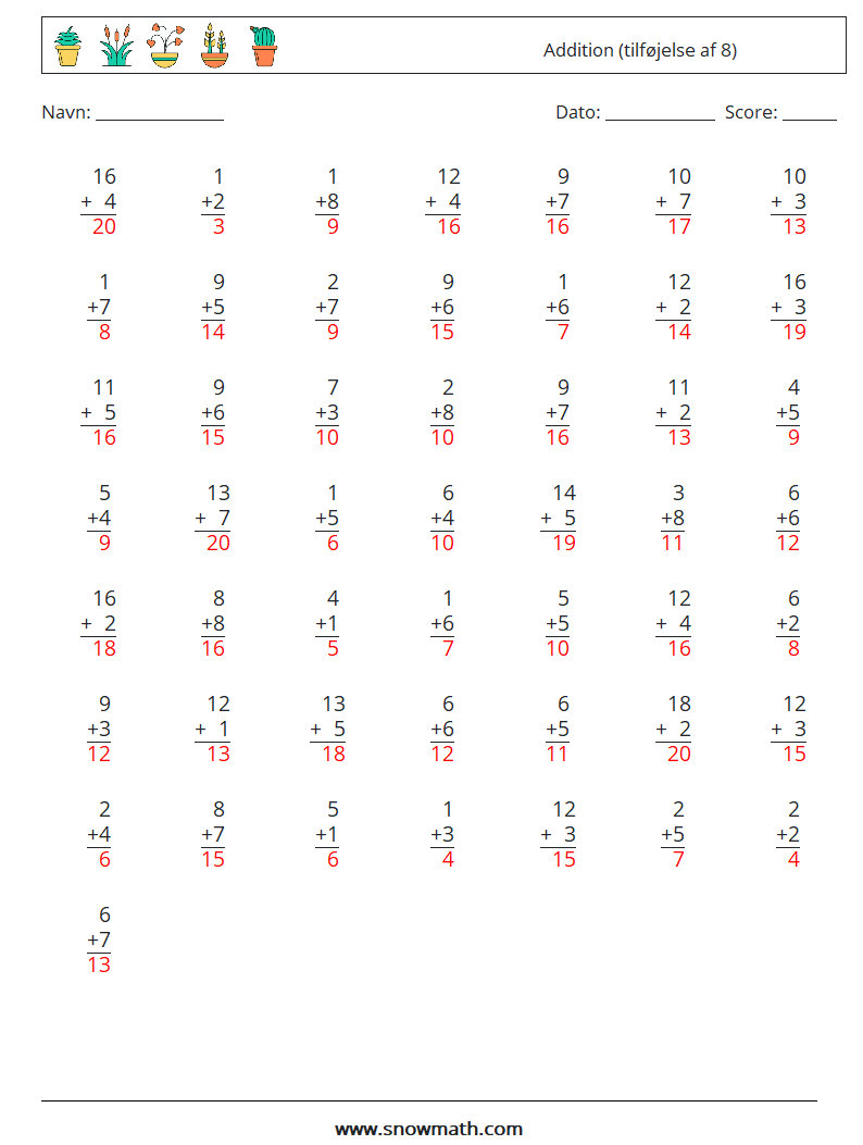 (50) Addition (tilføjelse af 8) Matematiske regneark 15 Spørgsmål, svar
