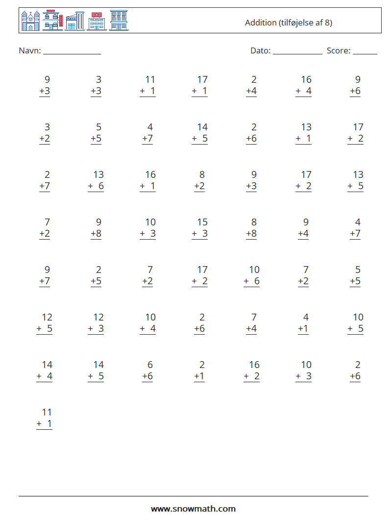 (50) Addition (tilføjelse af 8) Matematiske regneark 16