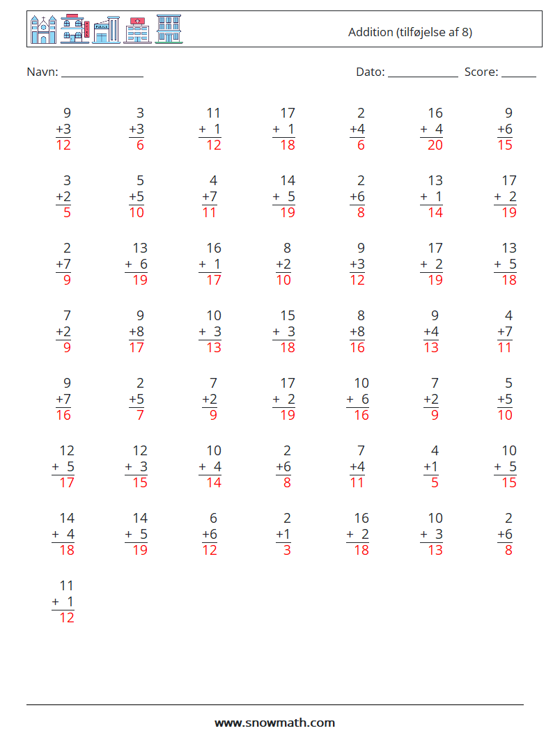 (50) Addition (tilføjelse af 8) Matematiske regneark 16 Spørgsmål, svar