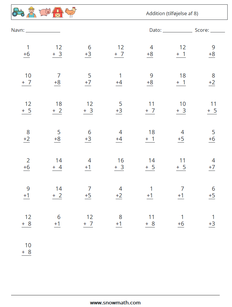 (50) Addition (tilføjelse af 8) Matematiske regneark 18