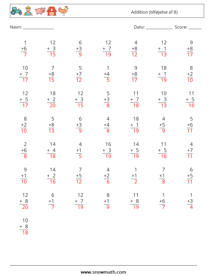 (50) Addition (tilføjelse af 8) Matematiske regneark 18 Spørgsmål, svar
