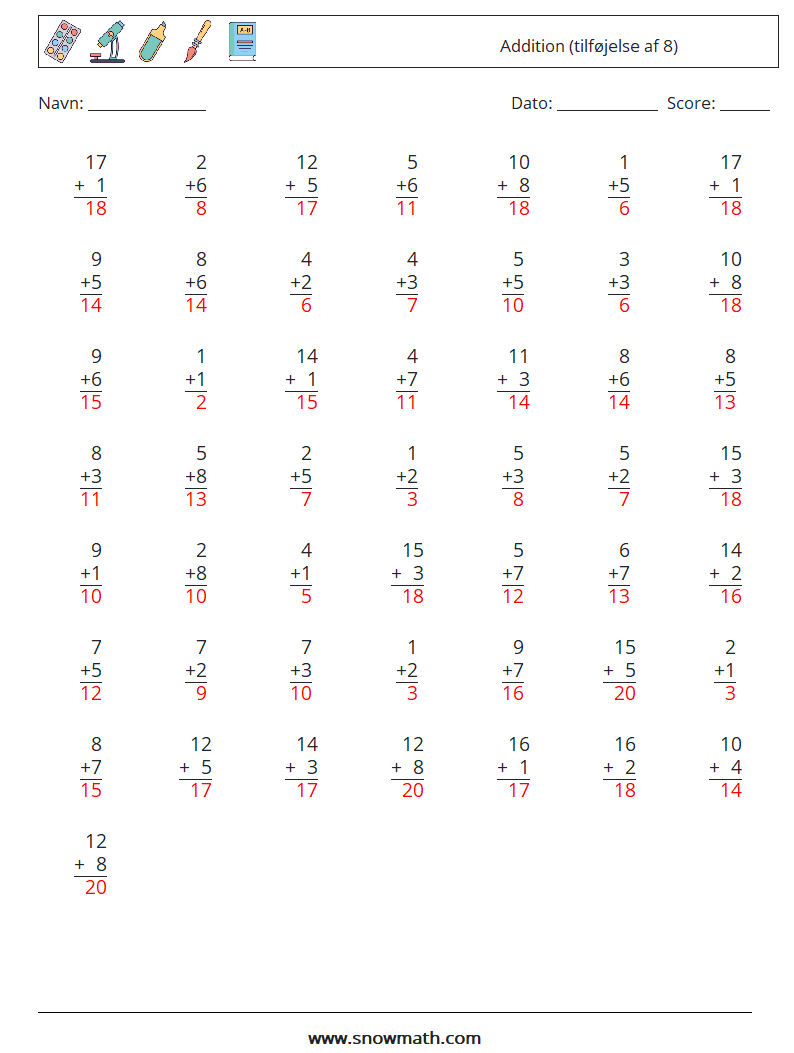 (50) Addition (tilføjelse af 8) Matematiske regneark 1 Spørgsmål, svar