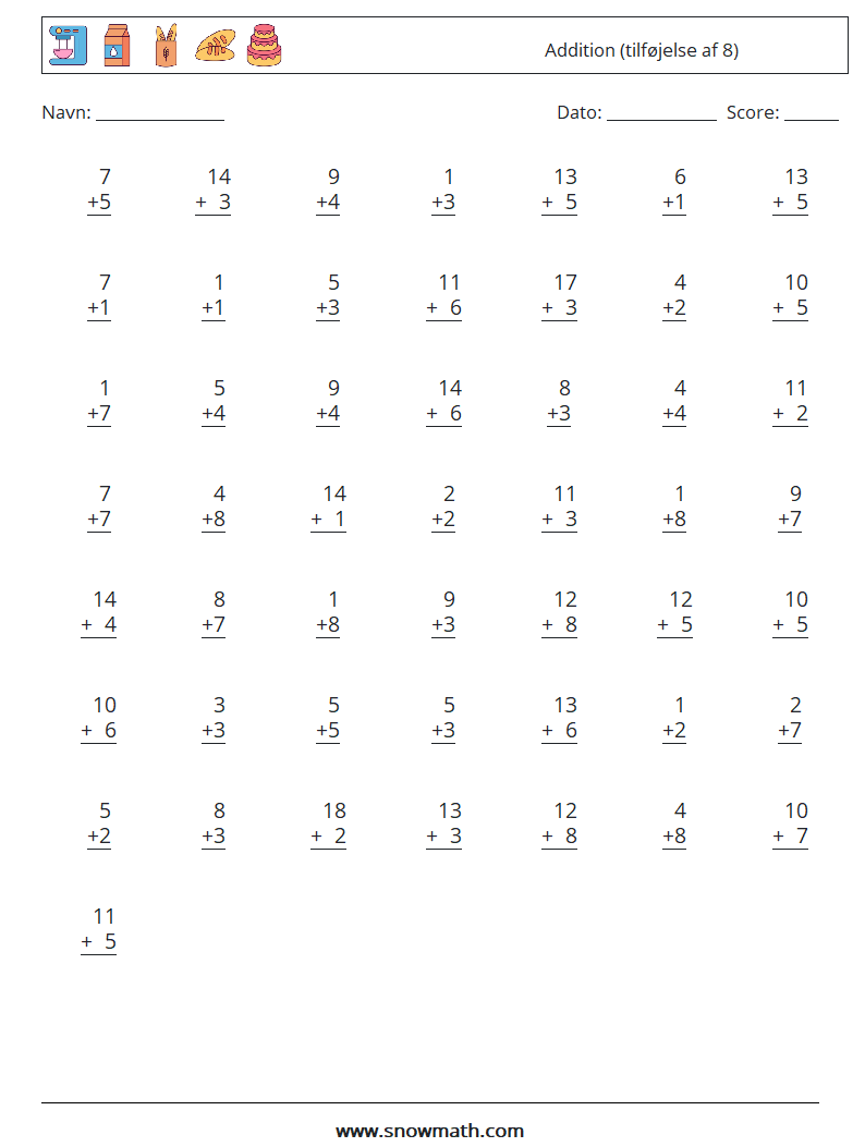 (50) Addition (tilføjelse af 8) Matematiske regneark 2