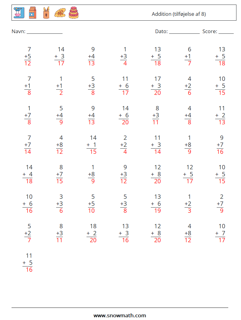 (50) Addition (tilføjelse af 8) Matematiske regneark 2 Spørgsmål, svar