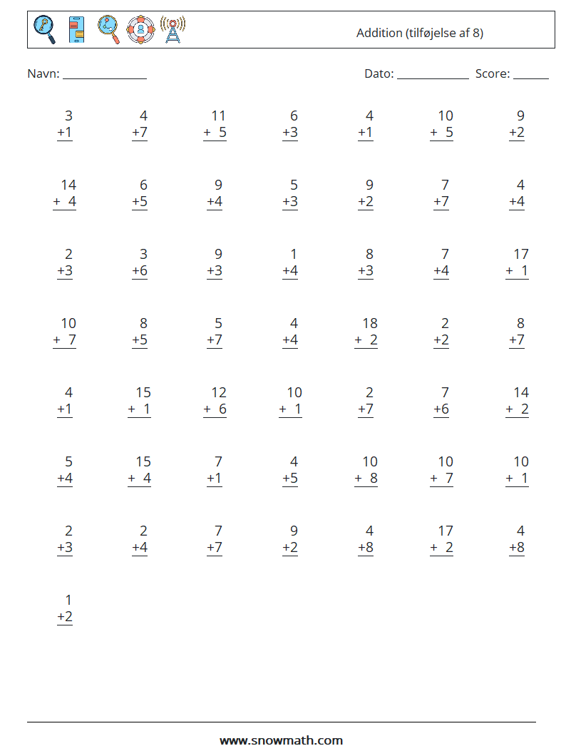 (50) Addition (tilføjelse af 8) Matematiske regneark 3