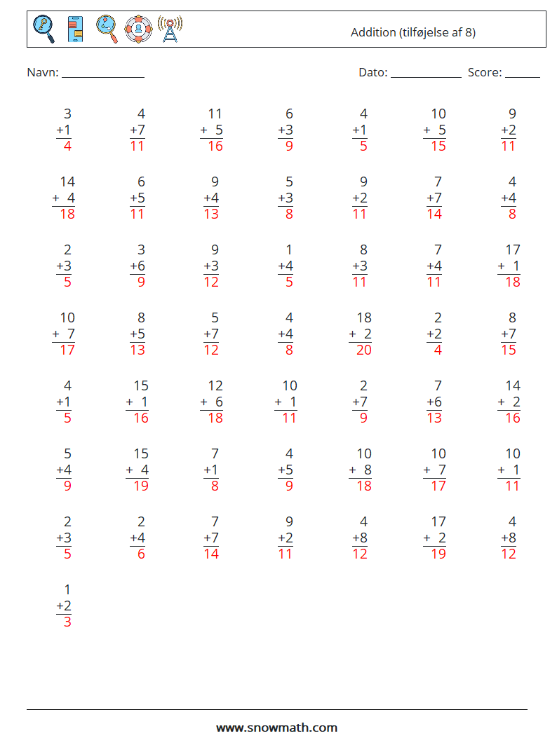 (50) Addition (tilføjelse af 8) Matematiske regneark 3 Spørgsmål, svar