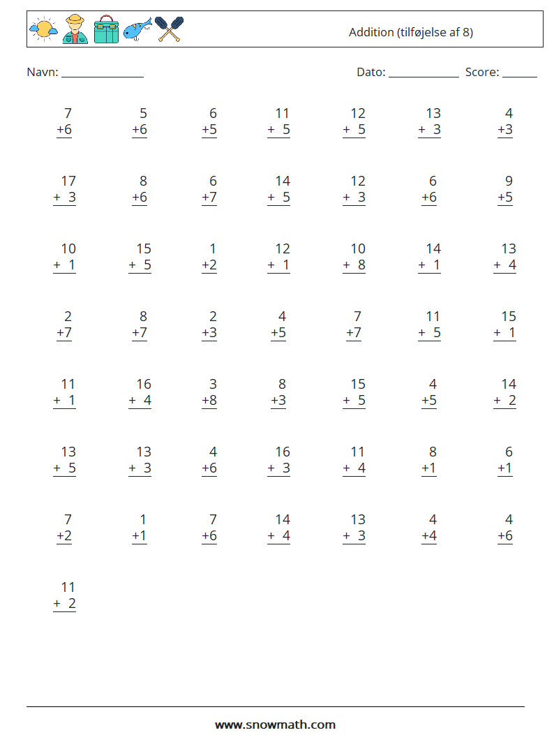 (50) Addition (tilføjelse af 8) Matematiske regneark 4